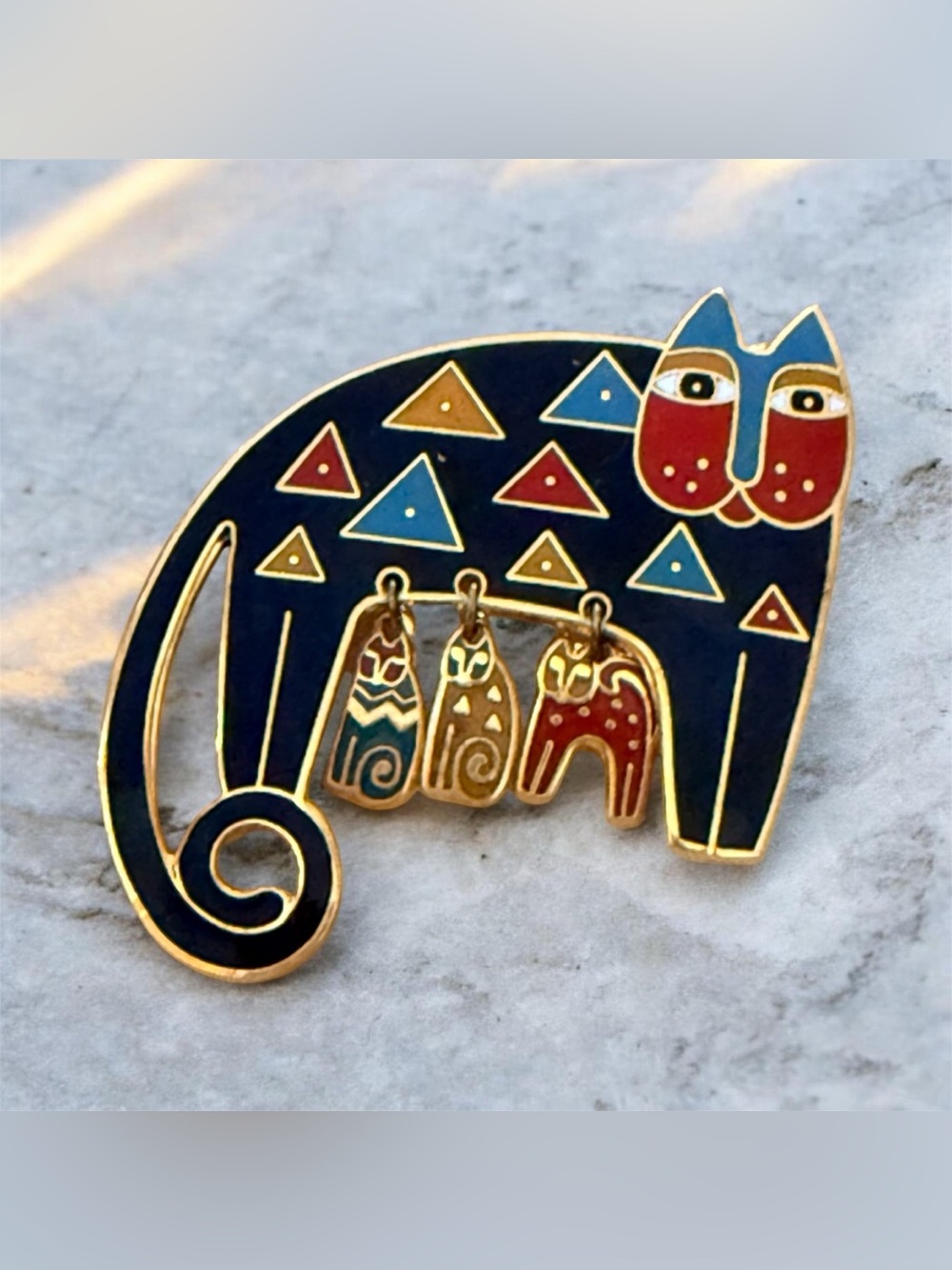 Vintage Laurel Burch Enamel Cat Brooch - Blue Geometric Triangle Feline Pin